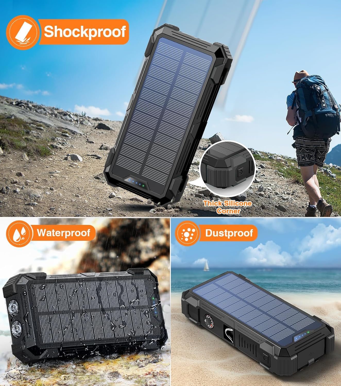 Solar Charger Power Bank, 42,800Mah Wireless Portable Charger with USB-C In/Output, QC3.0 Fast Charging 15W 4 Ports Outdoor Battery Pack Built-In LED Flashlight, for Iphone, Galaxy, Ipad Etc