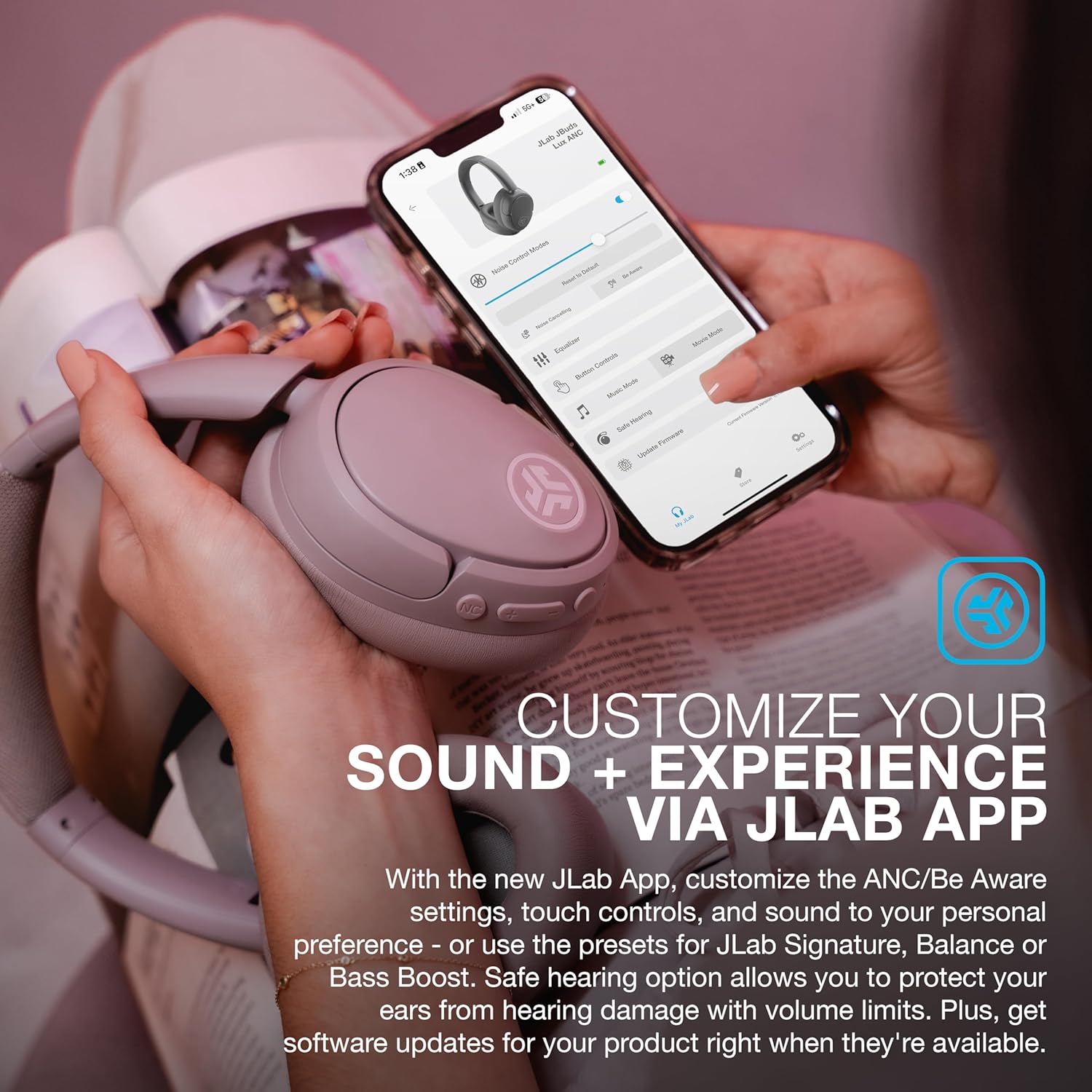 Jbuds Lux ANC Wireless Headphones, Mauve, Hybrid Active Noise Cancelling, Customizable Sound, Spatial Audio Compatible, Premium Over-Ear Bluetooth Headset